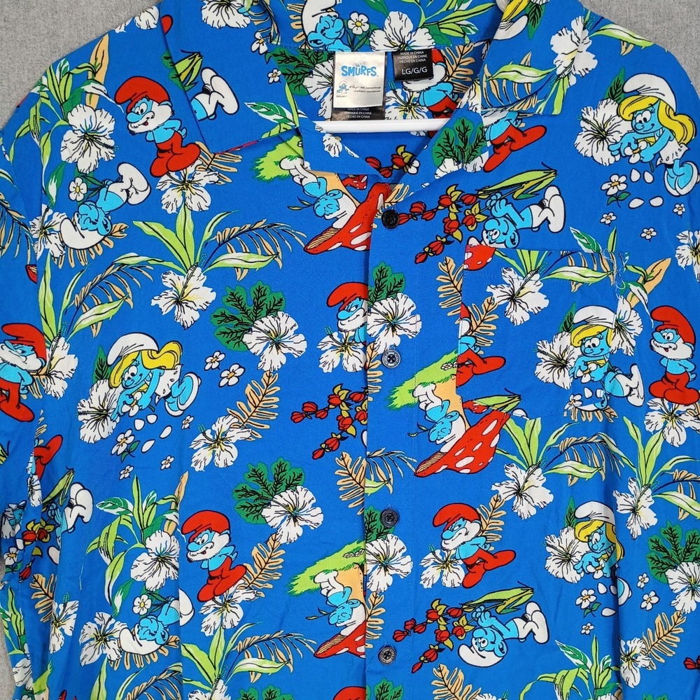 Smurfs Aloha Camp Shirt Men's Large Blue Tropical Button Up Rayon Papa Smurf
